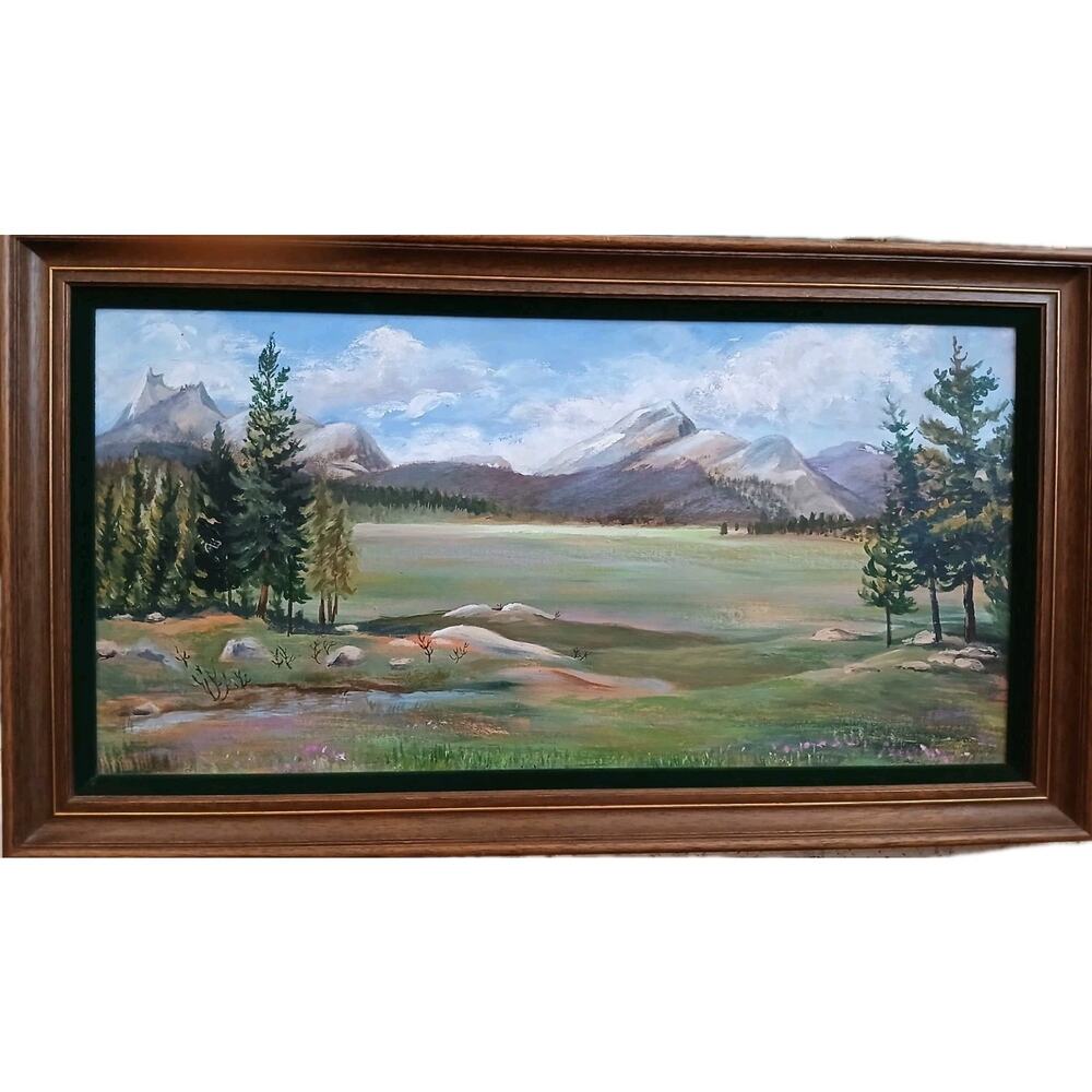 Painting Original by MITTON Large 33x19 Mountain Meadow Landscape Nature Antique